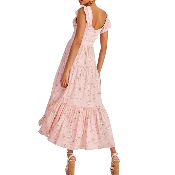 LOVE SHACK FANCY Chessie Smocked Tiered Floral Midi Dress Ballet Pink REVOLVE - Picture 5 of 14